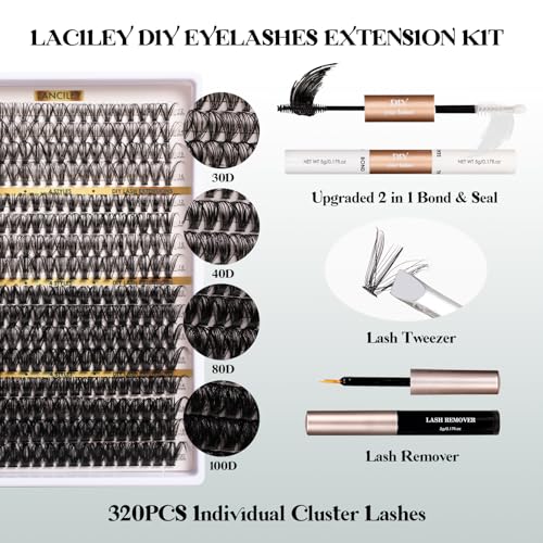 Lanciley Lash Clusters 320PCS 1220MM 30D40D80D100D DIY Eyelash Extensions Kit Natural Individual Lashes Thick Volume Eyelash Clusters D Curly Lash Extension kit with Bond Seal Remover Tweezers4 - Image 3