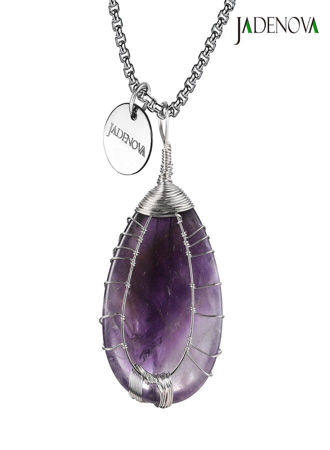 JADENOVA Family Tree Necklace Tree of Life Natural Amethyst Gemstone Pendant Handmade Teardrop Pendant Necklace 24'' Stainless Steel Chain - Image 3