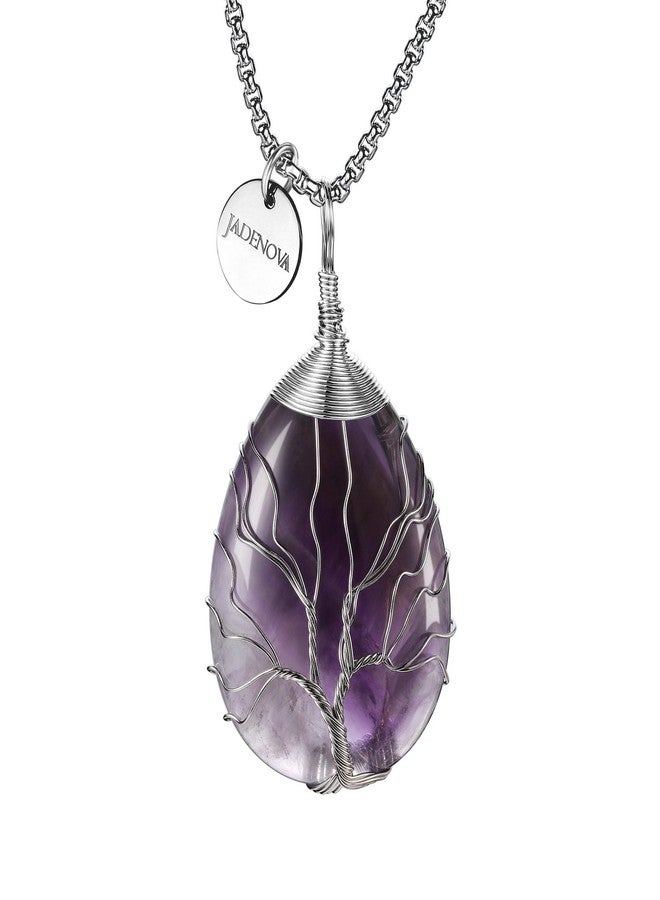 JADENOVA Family Tree Necklace Tree of Life Natural Amethyst Gemstone Pendant Handmade Teardrop Pendant Necklace 24'' Stainless Steel Chain - Image 1
