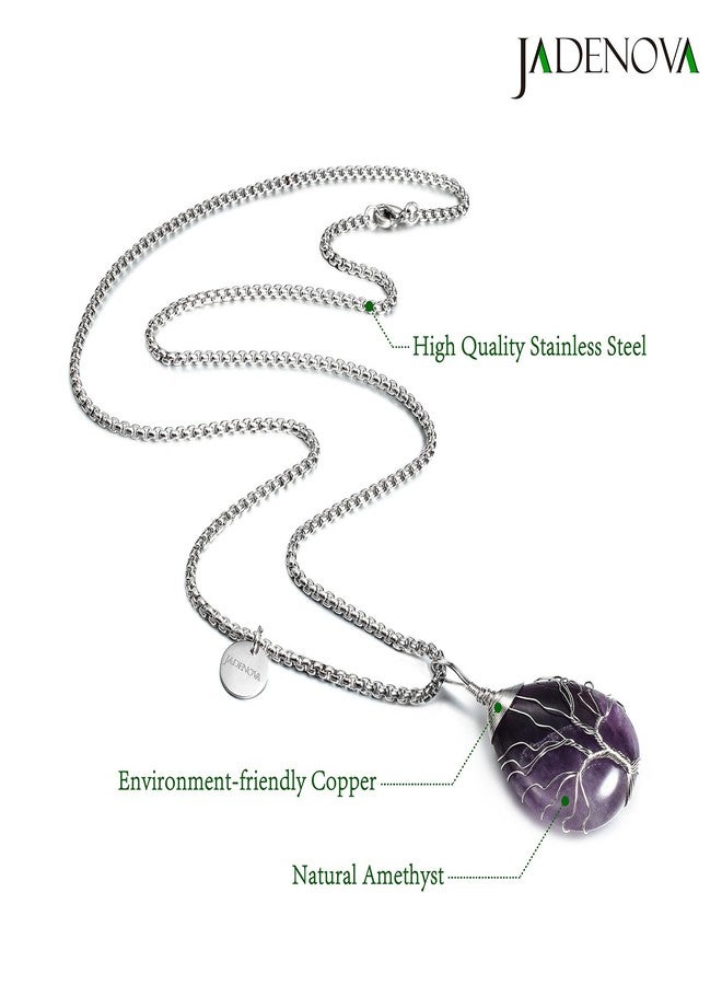 JADENOVA Family Tree Necklace Tree of Life Natural Amethyst Gemstone Pendant Handmade Teardrop Pendant Necklace 24'' Stainless Steel Chain - Image 2