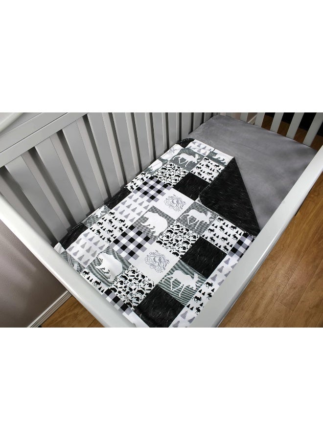 Dear Baby Gear Bears Deluxe Baby Blanket - Reversible Minky, Milestone & Newborn Gifts for Girls and Boys - Plaid,Bears, Moose, Mountains, Woodgrain Faux Quilt - Black Woodgrain Minky - Image 2