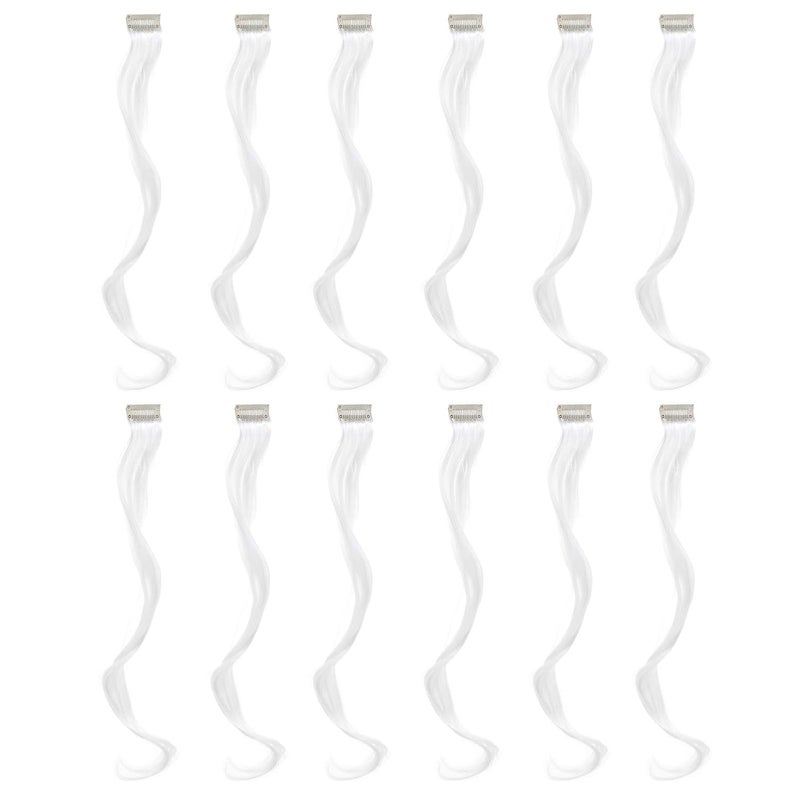 SWACC 12 Pcs Curly Wavy One Color Party Highlights Clip on in Hair Extensions Colored Hair Streak Synthetic Hairpieces White