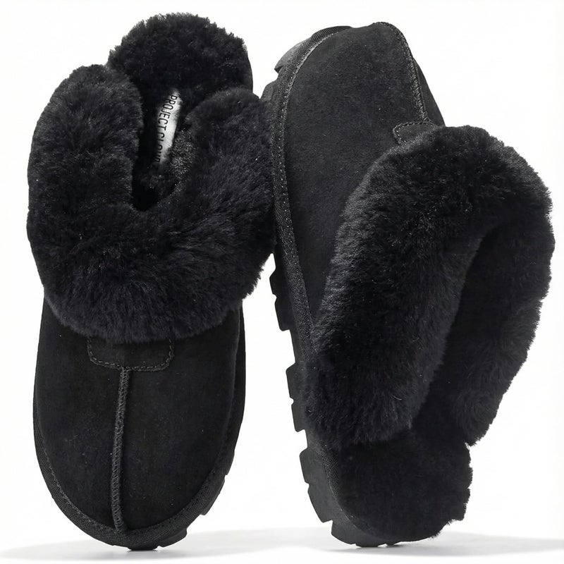 Project Cloud 100% Genuine Leather & Australian Shearling Slippers for Women - Cozy Memory Foam Women's Slippers (Hedy, Black, 8) - Image 1
