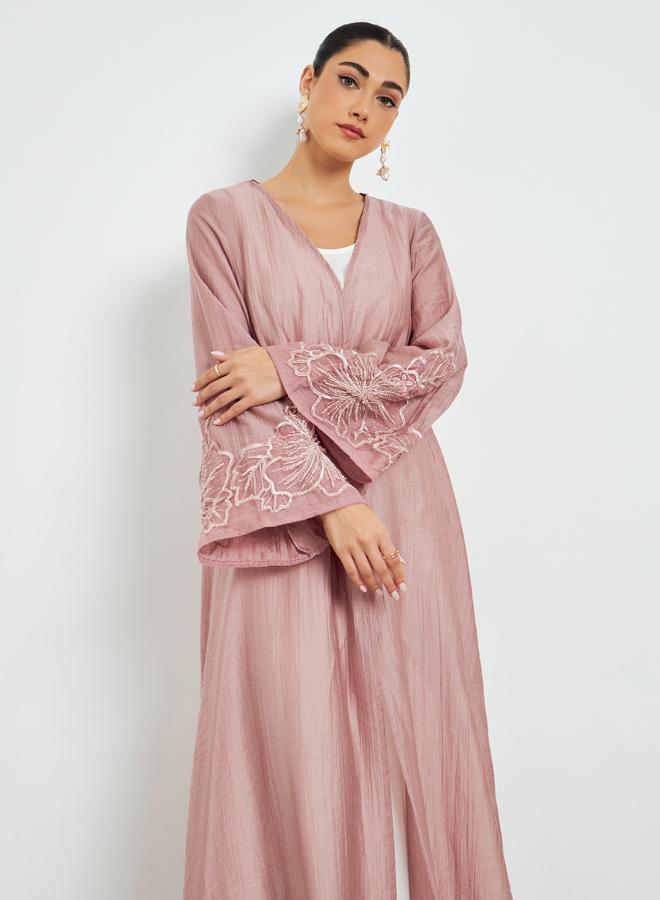 Amirah Light Pink Embroidered Sleeve A-Line Abaya - Image 2