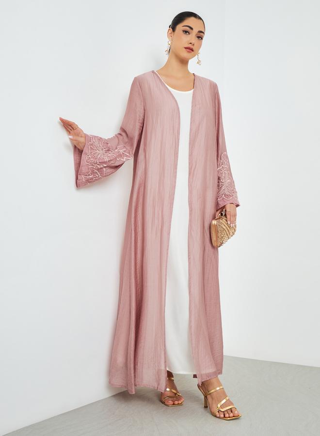 Amirah Light Pink Embroidered Sleeve A-Line Abaya - Image 1