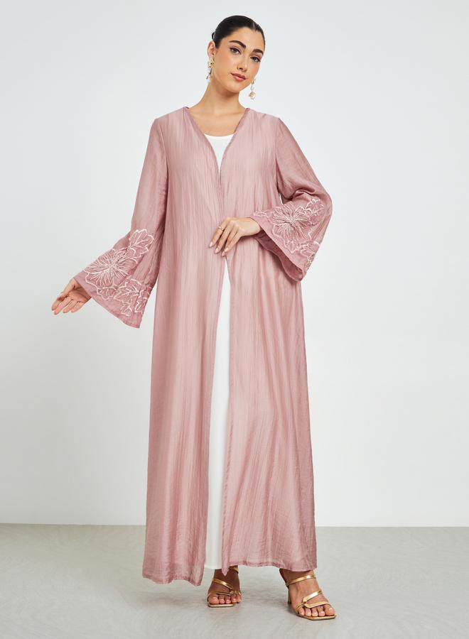Amirah Light Pink Embroidered Sleeve A-Line Abaya - Image 3