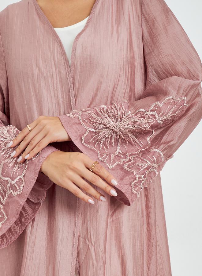 Amirah Light Pink Embroidered Sleeve A-Line Abaya - Image 4