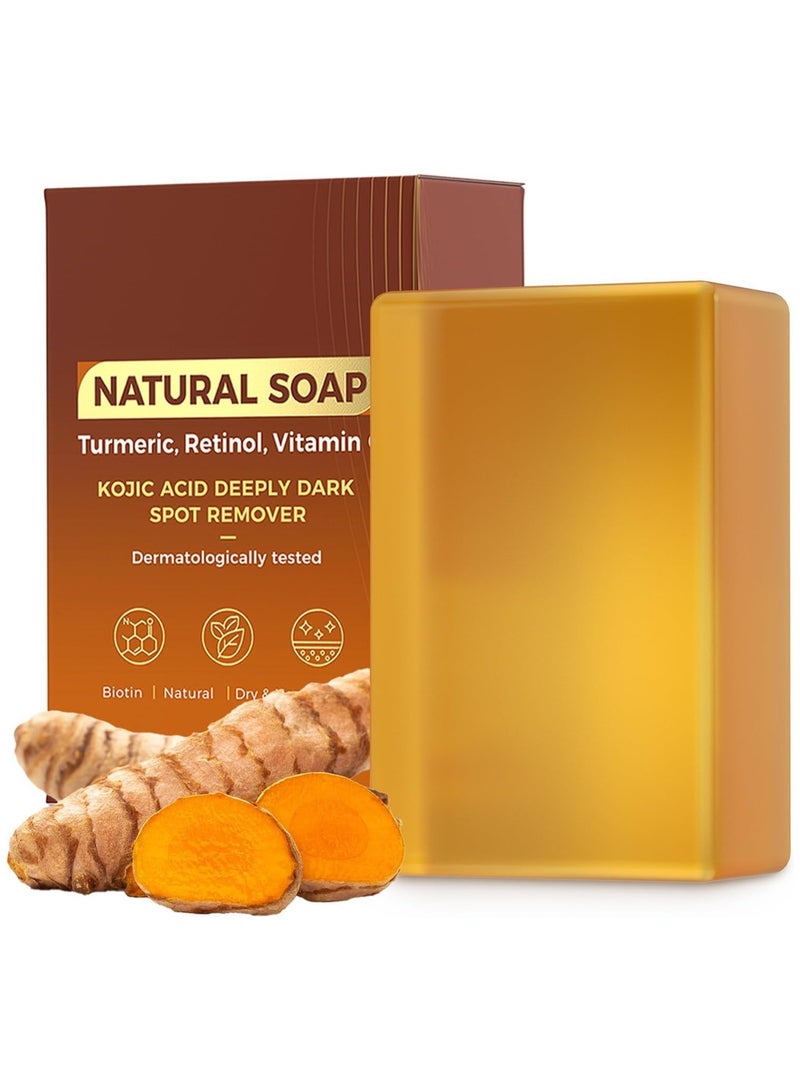 OUKEYA Turmeric Soap, Kojic Acid Dark Stain Remover Soap Turmeric Bar with Vitamin C, E, Retinol, Collagen and Shea Butter with Hyaluronic Acid, Soap for Men and Women - Image 1