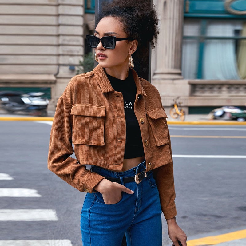 Women's Casual Corduroy Long Sleeve Jacket with Turn-down Collar and Pleated Pockets - Image 3