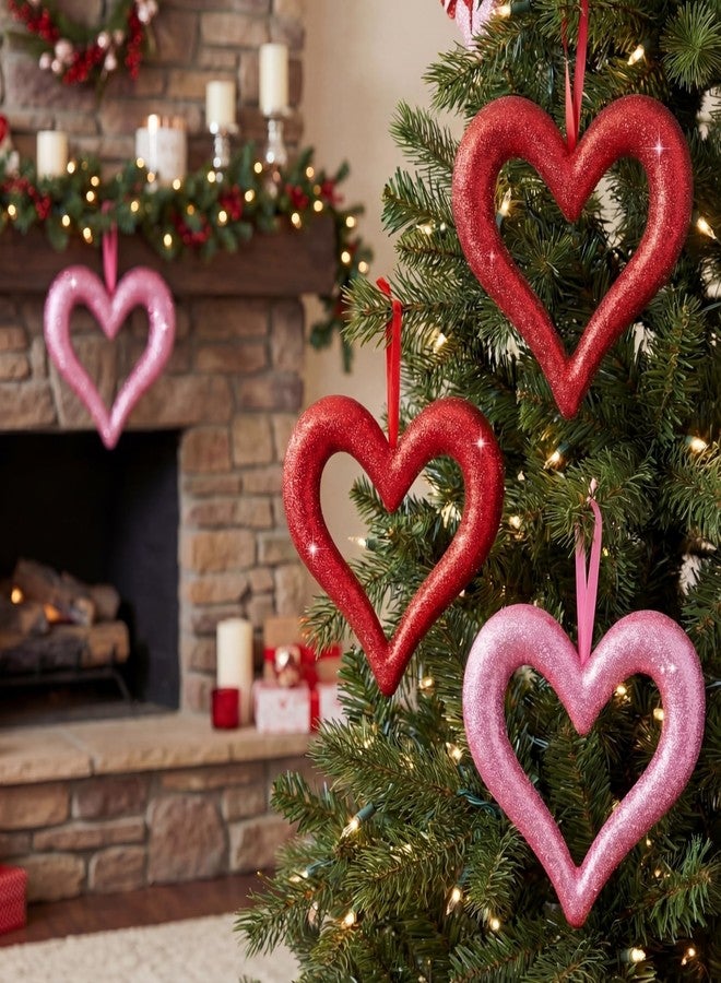 Lineshading 4 Pack Valentine's Day Heart Shaped Wreath, Valentines Wreath for Front Door, Red Pink Glitter Hang Heart Decoration for Wedding Anniversary Valentines Party Decor (7.9 Inch) - Image 3