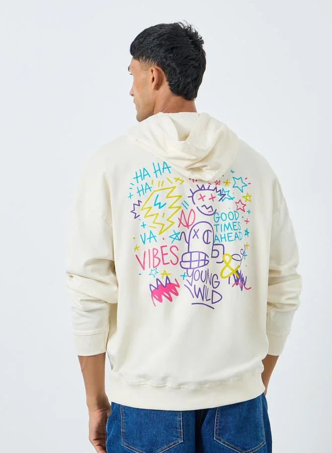 Styli Styli Men Cream Graphic Print Oversized Hoodie