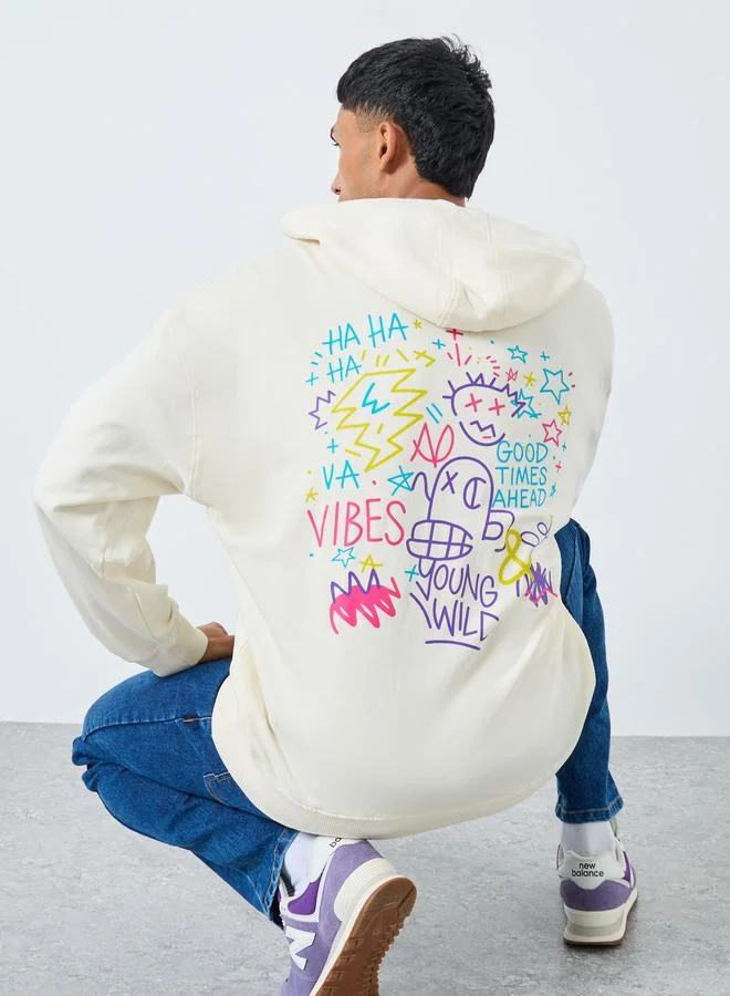 Styli Styli Men Cream Graphic Print Oversized Hoodie