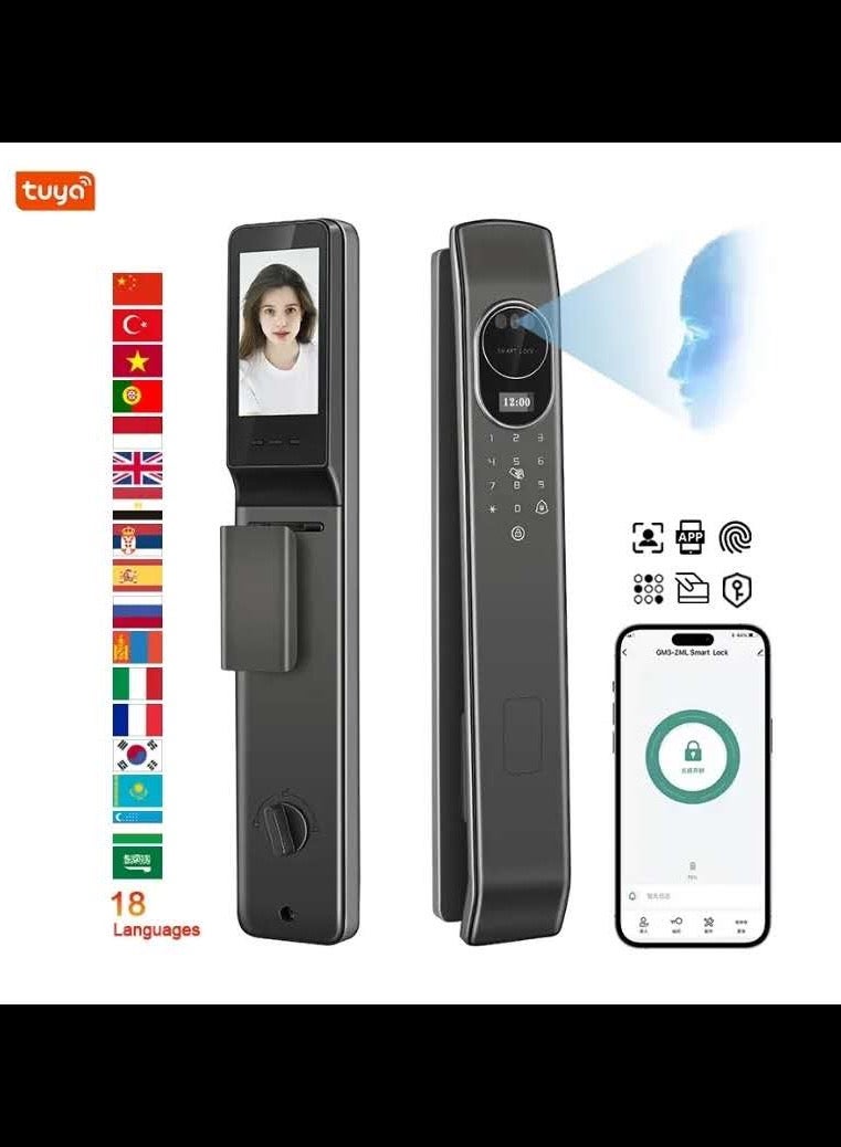 قفل باب رقمي موثوق مع خيارات وصول مرنة. يمكن فتحه ببصمة الإصبع، أو بكلمة مرور آمنة، أو عبر تطبيق الهاتف (TUYA)، أو باستخدام بطاقة RFID، أو المفتاح التقليدي. يدعم واجهة متعددة اللغات والتحكم عن بُعد عبر التطبيق لراحة أكبر - Image 1