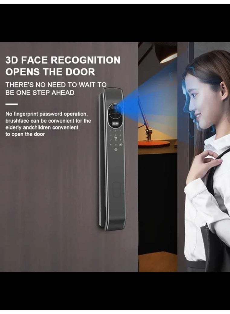 قفل باب رقمي موثوق مع خيارات وصول مرنة. يمكن فتحه ببصمة الإصبع، أو بكلمة مرور آمنة، أو عبر تطبيق الهاتف (TUYA)، أو باستخدام بطاقة RFID، أو المفتاح التقليدي. يدعم واجهة متعددة اللغات والتحكم عن بُعد عبر التطبيق لراحة أكبر - Image 2