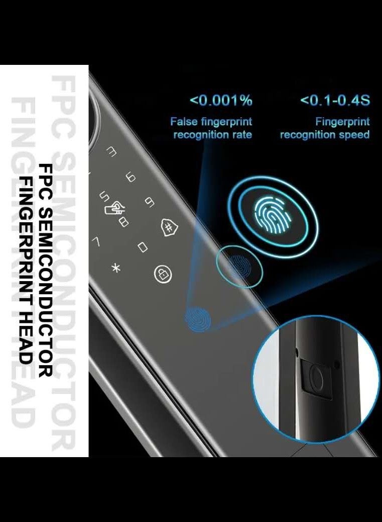 قفل باب رقمي موثوق مع خيارات وصول مرنة. يمكن فتحه ببصمة الإصبع، أو بكلمة مرور آمنة، أو عبر تطبيق الهاتف (TUYA)، أو باستخدام بطاقة RFID، أو المفتاح التقليدي. يدعم واجهة متعددة اللغات والتحكم عن بُعد عبر التطبيق لراحة أكبر - Image 4