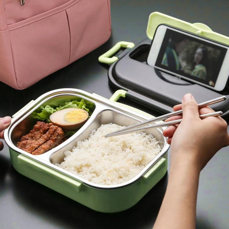 Double-layer stainless steel insulated lunch box with tableware storage, portable and leak-proof, suitable for students, office workers and travelers, blue - Image 5