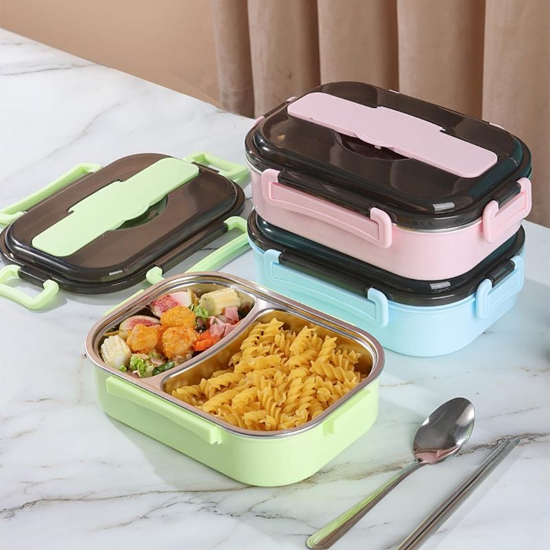 Double-layer stainless steel insulated lunch box with tableware storage, portable and leak-proof, suitable for students, office workers and travelers, blue - Image 4
