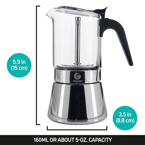 Coffee Gator 4 Cup Moka Pot 67oz Stovetop Espresso Maker for Italian Coffee Transparent Glass Stainless Steel Design Silver 200ml - Image 3