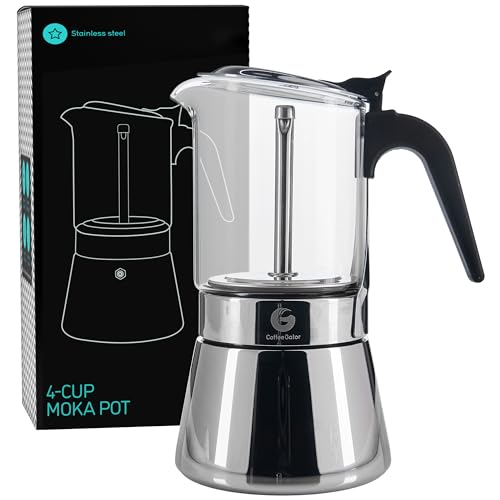 Coffee Gator 4 Cup Moka Pot 67oz Stovetop Espresso Maker for Italian Coffee Transparent Glass Stainless Steel Design Silver 200ml - Image 1