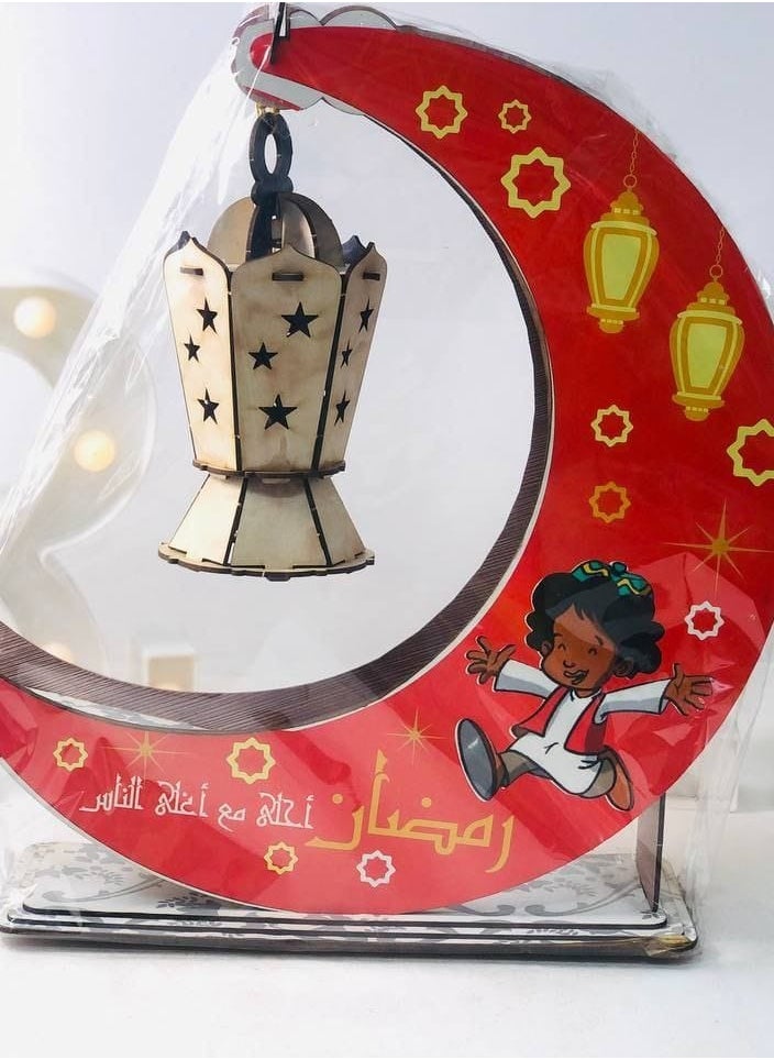 Generic - Crescent stand with blackberry lantern and wood printed with Ramadan characters. Colored wood with light. Size: 27*33 cm. - Image 1