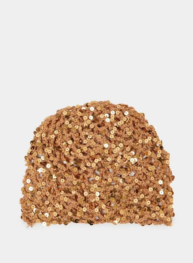 Styli  Brown Sparkling Sequin Beanie for Women | Best Price UAE