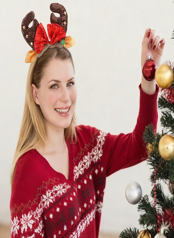 كوراسا طوق رأس على شكل قرون غزال من كوراسا، إكسسوارات عيد الميلاد، طوق شعر مزين بفيونكة حمراء وترتر، طوق رأس بني اللون، قطعة رأس أنيقة ورقيقة، طوق رأس لعيد الميلاد للنساء، هدايا حفلات تنكرية. - Image 3