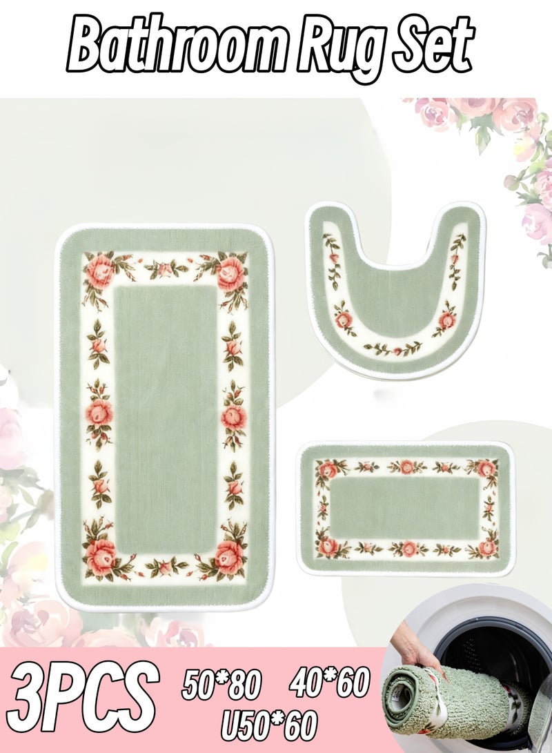 Bathroom Rugs Sets 3 Piece,Rose Flowers Bathroom Rugs Set Extra Thick,Non Slip Bath Mats for Bathroom, Water Absorbent, Washable Bath Rugs for Tub, Toilet and Floor - Image 1