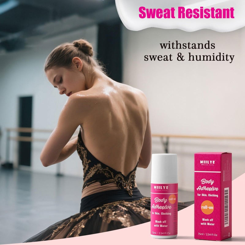 MIILYE Body Adhesive Roll-On for Skin & Clothing 2.54 Oz-Sweat Resistant, Water Wash Off- Fashion Adhesive for Dancers, Socks, Stockings, Leotards, Bras, Wigs, Costumes - Image 4