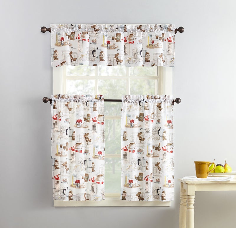 No 918 Brew Coffee Shop SemiSheer Rod Pocket Kitchen Curtain Valance and Tiers Set 54 x 36 White