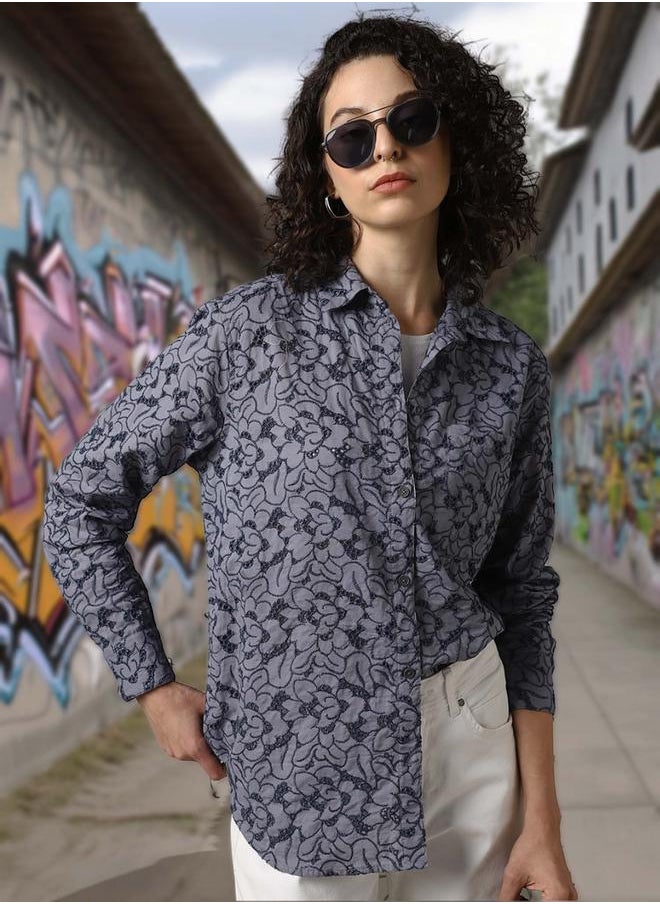 Hubberholme Women Oversized Fit Cotton Schiffli Casual Shirt  - Image 1