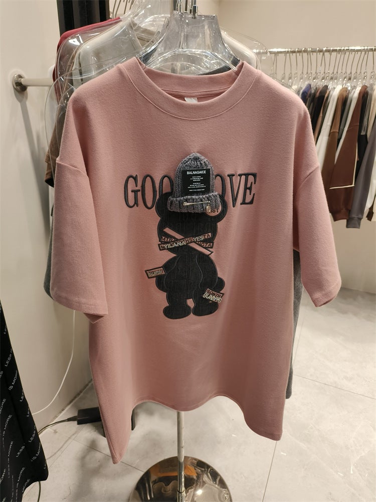 European Large-size Short-sleeved T-shirt Women's Cartoon Printed 2023 New Spring Round Neck Mid-length Half-sleeved Top Ins Trendy
