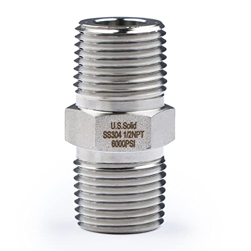U.S. Solid 304 Stainless Steel Hex Nipple, 6000 psi High Pressure Heavy Duty Pipe Fitting, 1/2" x 1/2" NPT Male Thread Pipe Adapter(1 pc) - Image 1