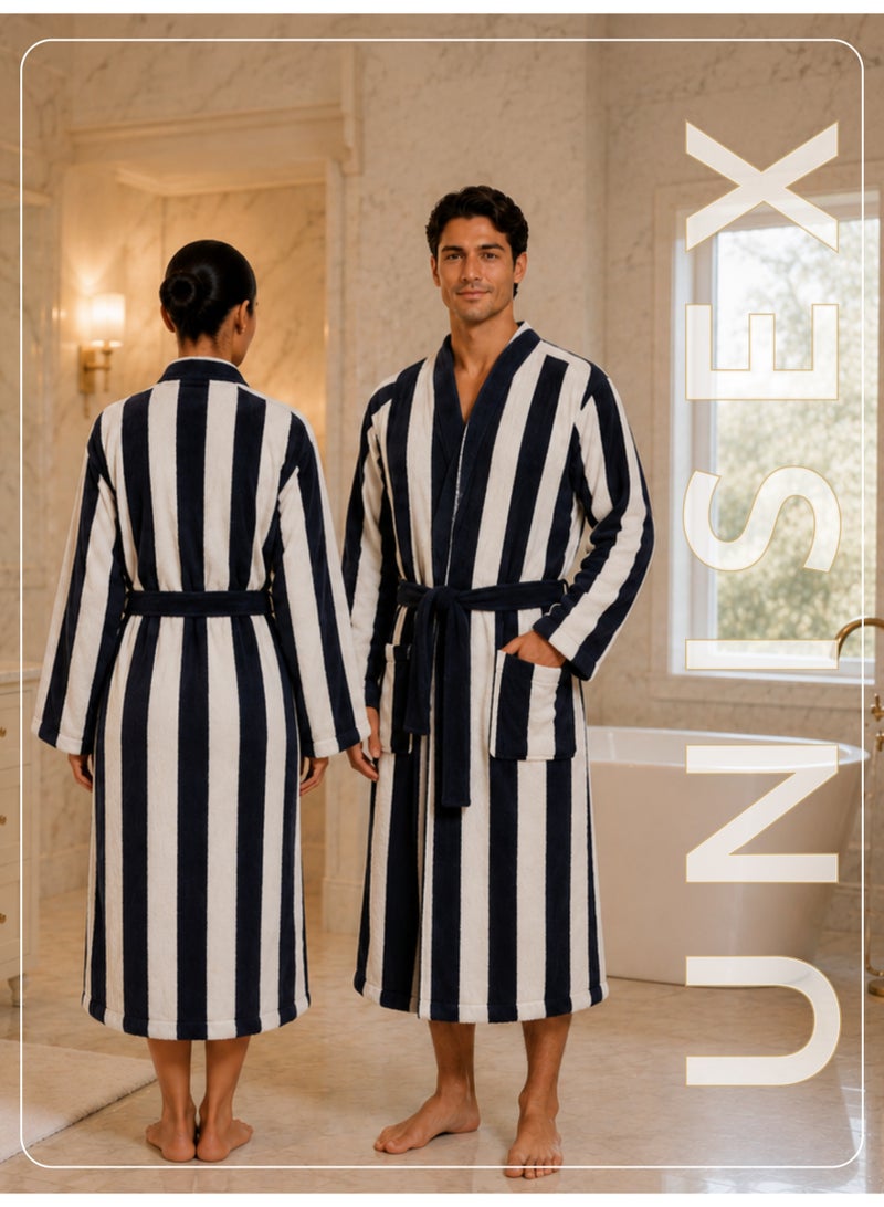 Donetella Striped Bathrobe for Men & Women XL Size - 100% Cotton | Kimono Collar, Highly Absorbent, Quick Dry, Soft Spa Robe with Belt & Pockets - 380 GSM, Everyday Use - Image 3