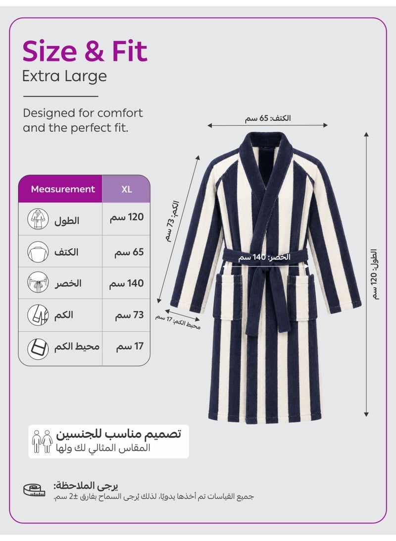 Donetella Striped Bathrobe for Men & Women XL Size - 100% Cotton | Kimono Collar, Highly Absorbent, Quick Dry, Soft Spa Robe with Belt & Pockets - 380 GSM, Everyday Use - Image 5