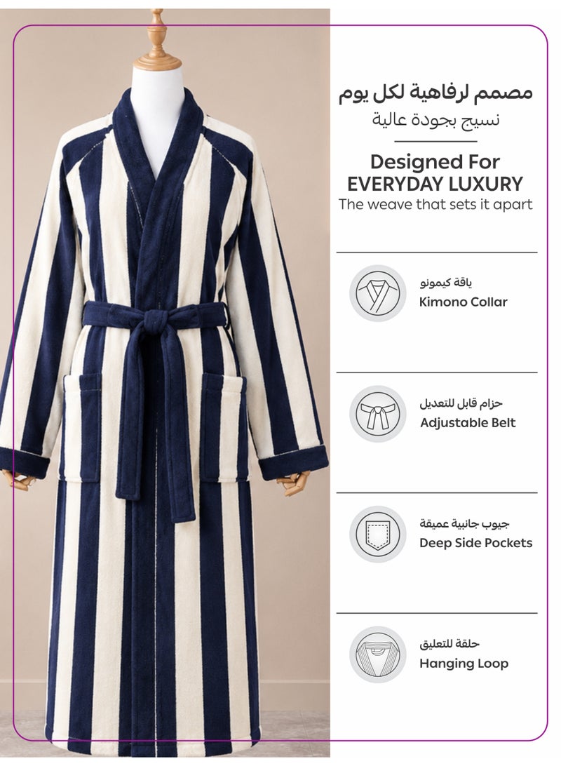 Donetella Striped Bathrobe for Men & Women XL Size - 100% Cotton | Kimono Collar, Highly Absorbent, Quick Dry, Soft Spa Robe with Belt & Pockets - 380 GSM, Everyday Use - Image 4
