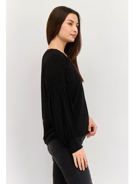 ESPRIT Women V-Neck Long Sleeves Plain Blouse, Black  - Image 2