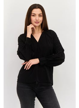 ESPRIT Women V-Neck Long Sleeves Plain Blouse, Black  - Image 1