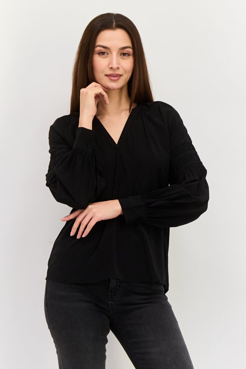 ESPRIT بلوزة نسائية بأكمام طويلة على شكل حرف V، سوداء - Image 1