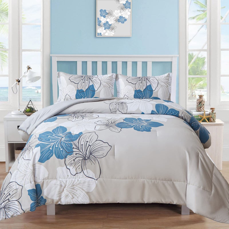 Menghomeus Floral Comforter Set King Blue Flower Pattern Printed on Grey Soft Microfiber Bedding Lightweight Boho Bed Set for All Season 1 Comforter 2 Pillowcases