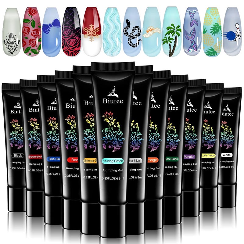 Biutee Nail Stamping Polish Pack of 12 Colors 8ML UV LED Gel Polish Special Polish Printed Nail Polish for Nail Stamping Plate