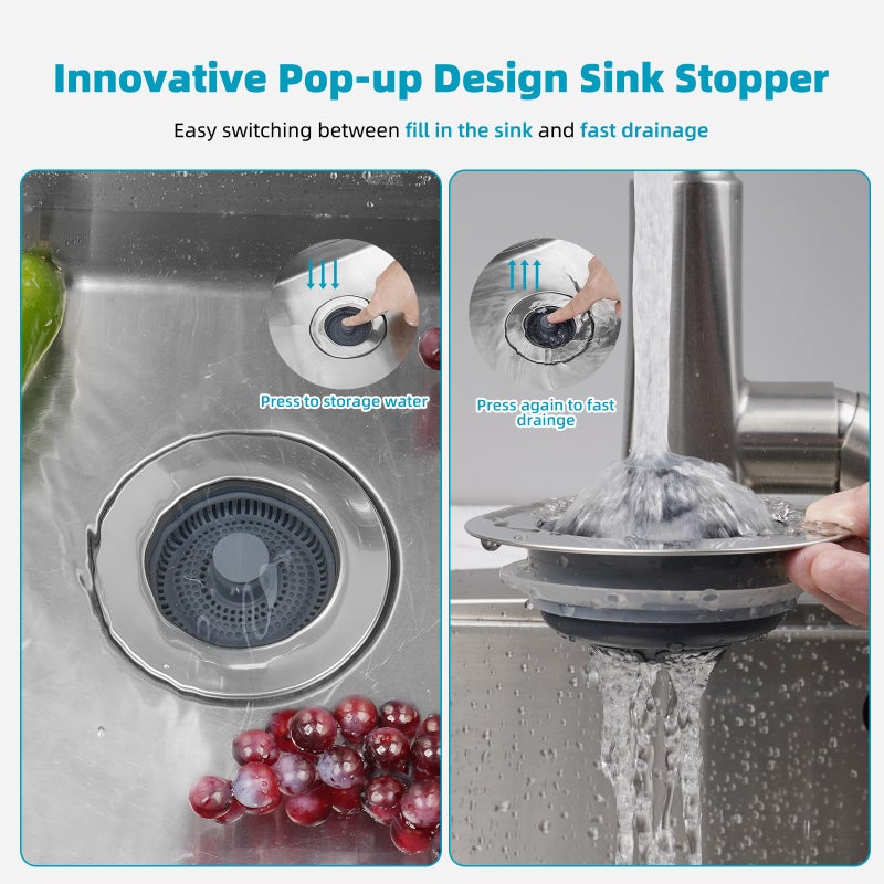 Hibbent 3 in 1 Kitchen Sink Drain Strainer, Stainless Steel Wrapped Shell Drain Stopper Combo, Pop Up Sink Stopper, Anti-Clogging Basket Strainer with Handle for US Standard 3-1/2" Drain - Image 2