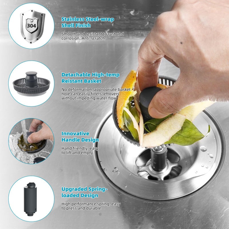 Hibbent 3 in 1 Kitchen Sink Drain Strainer, Stainless Steel Wrapped Shell Drain Stopper Combo, Pop Up Sink Stopper, Anti-Clogging Basket Strainer with Handle for US Standard 3-1/2" Drain - Image 3