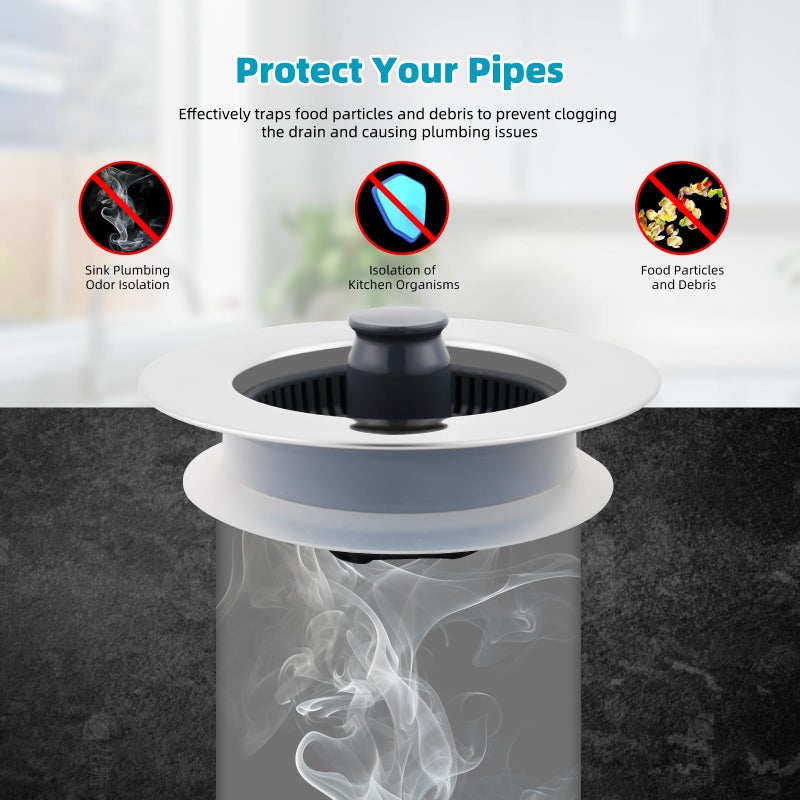 Hibbent 3 in 1 Kitchen Sink Drain Strainer, Stainless Steel Wrapped Shell Drain Stopper Combo, Pop Up Sink Stopper, Anti-Clogging Basket Strainer with Handle for US Standard 3-1/2" Drain - Image 4