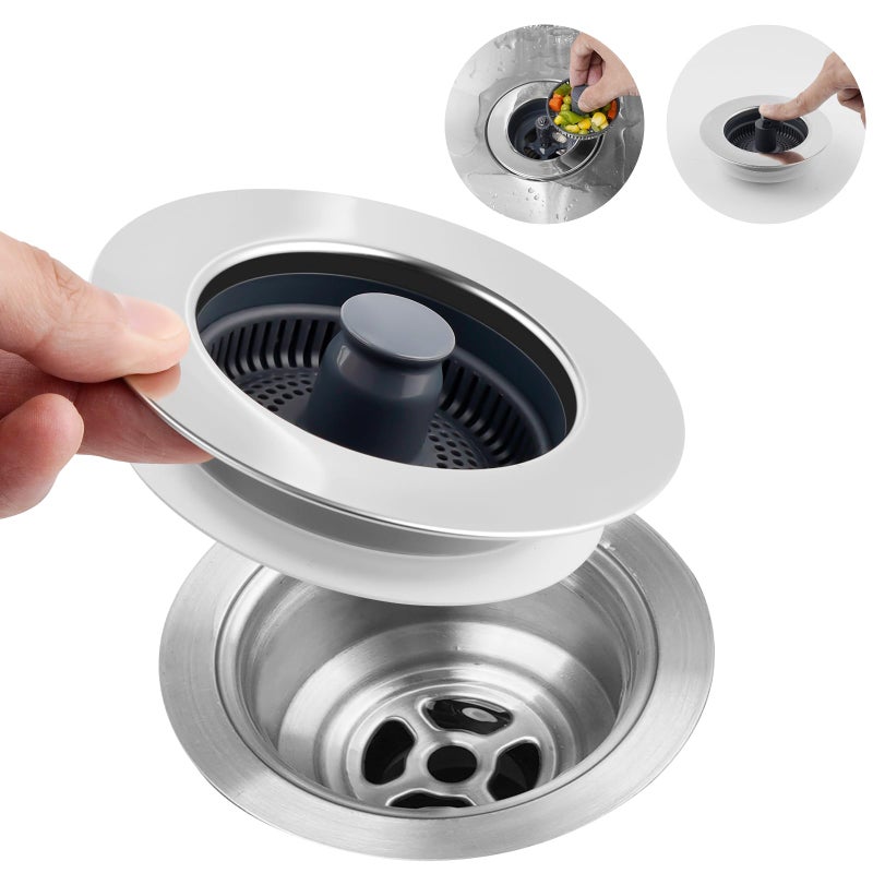Hibbent 3 in 1 Kitchen Sink Drain Strainer, Stainless Steel Wrapped Shell Drain Stopper Combo, Pop Up Sink Stopper, Anti-Clogging Basket Strainer with Handle for US Standard 3-1/2" Drain - Image 1