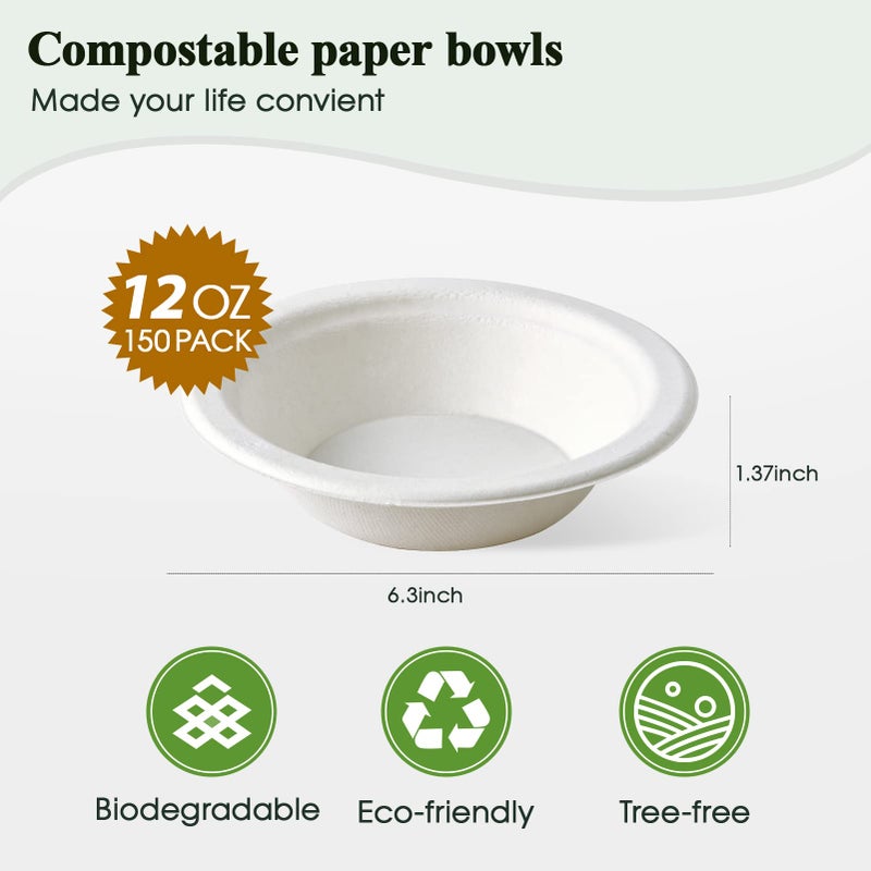 ECOLipak 150 Pack Compostable Disposable Paper Bowls  12 OZ Heavy duty Biodegradable Eco Friendly Sugarcane Bagasse Bowls Great for Soup  Salad  Milk Cereals - Image 2
