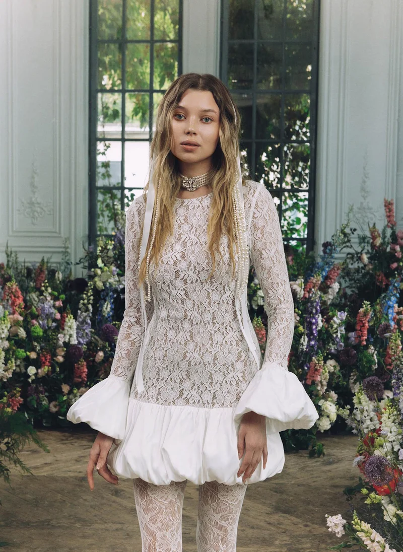 Lichi Lace mini dress with voluminous cuffs and balloon skirt
