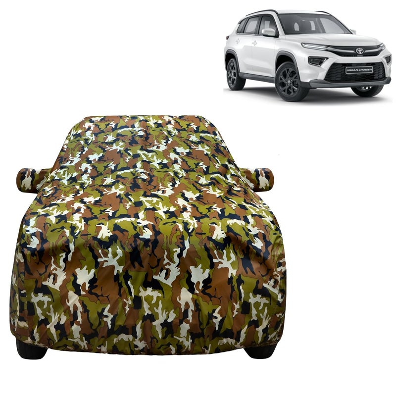 VYAS 100% Waterproof Car Body Cover for Toyota Urban Cruiser (2020-2025) with Mirror Pocket Triple Stitched Belt & Buckle Fitting Dual Elastic, Durable Material Jungle Print Camouflage Design - Image 1