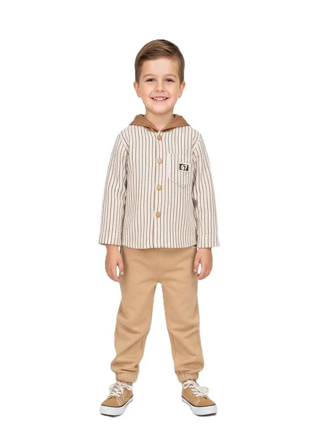 babyqlo Beige Hooded Striped Winter Co-ord Set