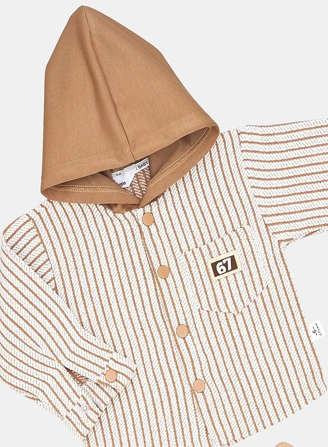 babyqlo Beige Hooded Striped Winter Co-ord Set
