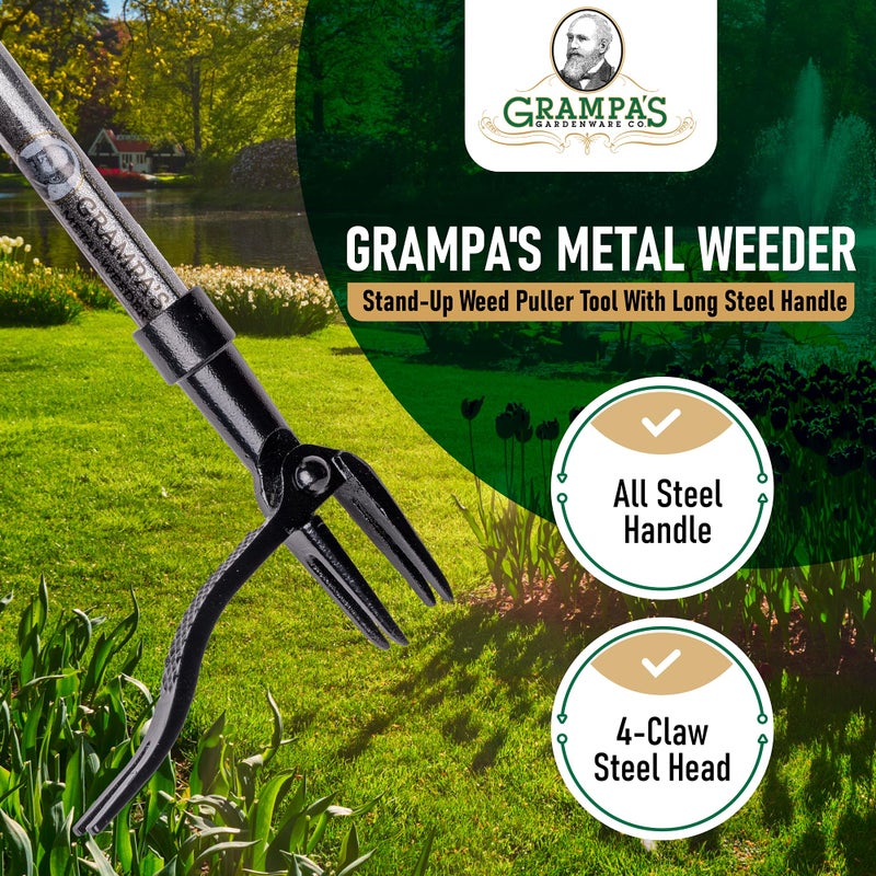 Grampa's Weeder Grampa's Metal Weeder - Stand Up Weed Puller Tool with Steel Long Handle - Made with All Steel Handle & 4-Claw Steel Head - Easily Remove Weeds Without Bending, Pulling, or Kneeling (Black) - Image 2